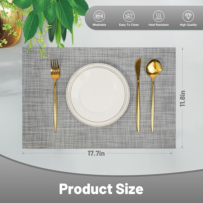 Placemats Set of 12，Non-Slip PVC Weave Table Mats Easy to Clean，Heat Resistant Place Mats for Kitchen Dining Table Decoration Indoor Outdoor，Gray