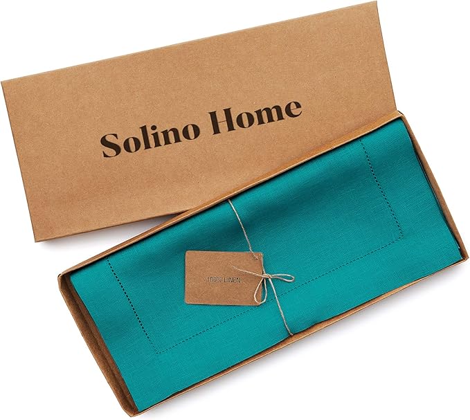 Solino Home Linen Teal Table Runner 108 Inches Long - 100% Pure Linen Hemstitch 14 x 108 Inch Table Runner for Dining - Classic Hemstitch