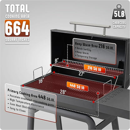 BBQ Charcoal Grill with Side Table, 30-In Heavy Duty Outdoor BBQ Grill with 647 Sq. In Cooking Area for Outdoor Barbecue in Backyard, Patio and Parties, Black
