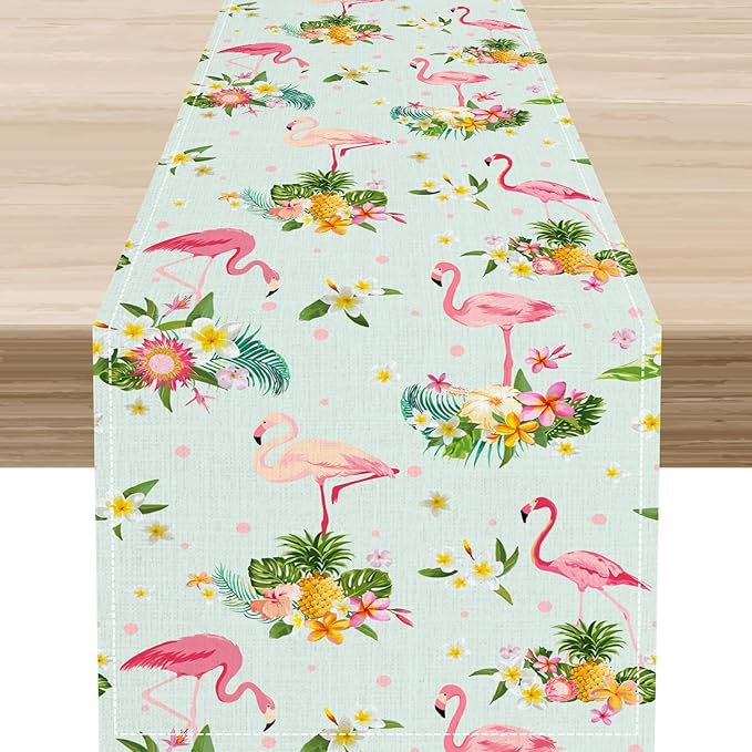 Tropical Flamingo Table Runner,Spring Summer Floral Dots Pineapples Hawaiian Luau Table Center Decor for Family Kitchen and Living Room Outdoor Farmhouse Party Table Decorations, 13"x72"