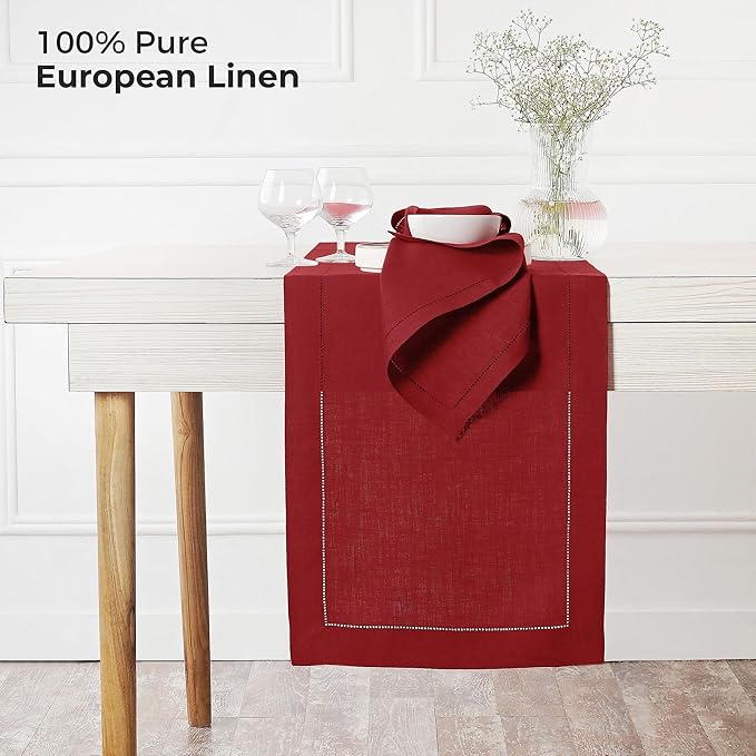 D'Moksha Homes Linen Red Table Runner 48 Inches - Classic Hemstitch, 100% Pure Linen Coffee Table Runner 14 x 48 Inch Ideal for Dresser Tables, Valentines, Spring