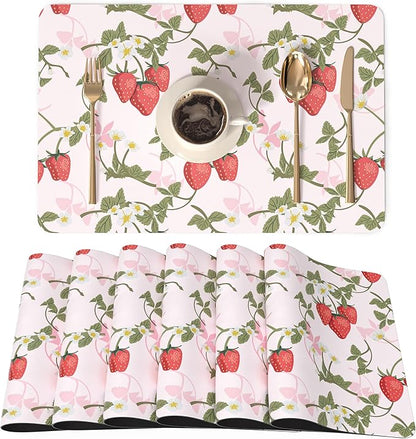 QIYI Placemats Set of 6, 12x18 Inch Faux Leather Place Mats for Kitchen Dinning, Heat Resistant Anti Slip Pink Table Mats, Waterproof Wipeable Washable Placemat Party Table Décor, Sweet Strawberry