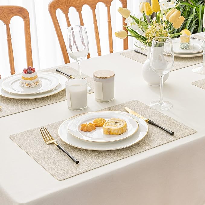 Romanstile Vinyl Placemats Set of 12-12 X 17 Inch - Heat Resistant Place Mats 100% Waterproof Oilproof Wipeable Reversible Faux Leather Table Mats for Kitchen, Dining, Party, Outdoor, Beige