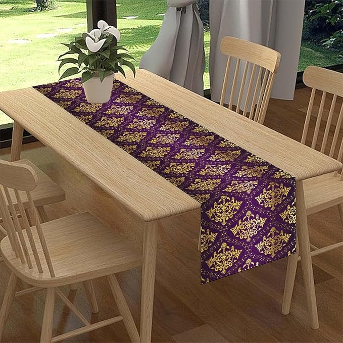 Vintage Table Runner, Retro Antique Gothic Purple Damask Floral Flower Pattern Classic Boho Coffee Table Center Decor for Kitchen and Dining Outdoor Home Country Party Table Decorations, 13"x90"