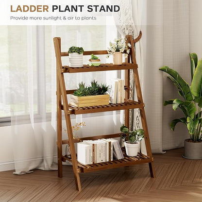 39.4" Bamboo Ladder Shelf Plant Shelf, 3 Tier Foldable Ladder Flower Pot - Image 7