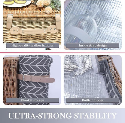 Neti Neti Wicker Picnic Basket for 4 with Insulated Cooler & Waterproof Blanket – Large Willow Picnic Hamper for Outdoor, Camping, Beach, Romantic Dates, Valentine’s Day