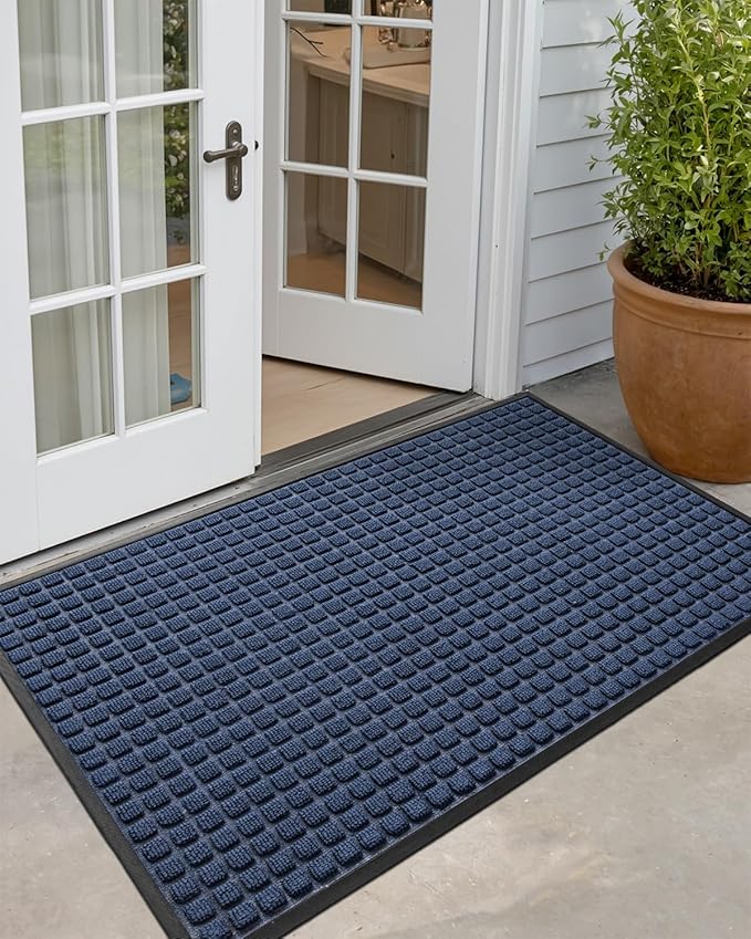 DEXI Front Door Mat Outside Entrance, 3x5 ft Rubber Entry Doormat Heavy Duty, Welcome Mats Non Slip for Inside House Floor Entryway Back Doors Exterior Patio, Squares Blue