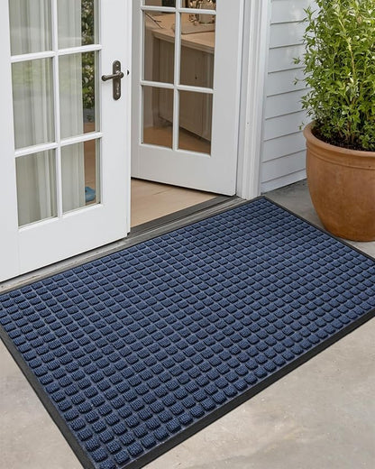 DEXI Front Door Mat Outside Entrance, 3x5 ft Rubber Entry Doormat Heavy Duty, Welcome Mats Non Slip for Inside House Floor Entryway Back Doors Exterior Patio, Squares Blue