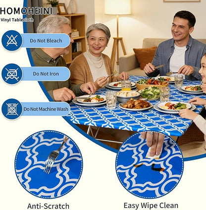 Rectangle Picnic Table Cloth, Elastic Waterproof Fitted Vinyl Tablecloths for 8 Foot Tables, Wipeable Flannel Backed Table Covers for Dining, Camping, Outdoor(Blue,30"x96")