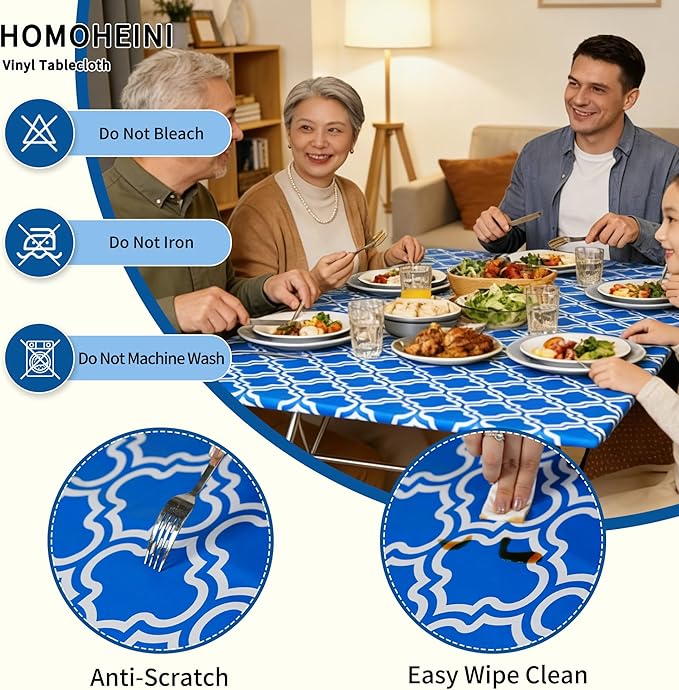Rectangle Picnic Table Cloth, Elastic Waterproof Fitted Vinyl Tablecloths for 6 Foot Tables, Wipeable Flannel Backed Table Covers for Dining, Camping, Outdoor(Blue,36"x72")