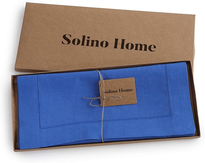Solino Home Linen Royal Blue Table Runner 72 Inches Long - 100% Pure Linen Hemstitch Table Runner 14 x 72 Inch for Dresser, Dining, Spring - Classic Hemstitch