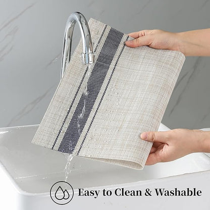 Leetaltree Khaki-Blue Placemats, Heat Resistant Non-Slip Place mats for Dining Table, Washable Durable PVC Vinyl Woven Table Mats (Set of 6)