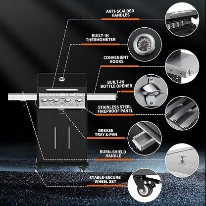 Propane Gas Grill, 4+1 Stainless Steel Barbecue Grill with Infrared Side Burner for Outdoor Cooking, Black