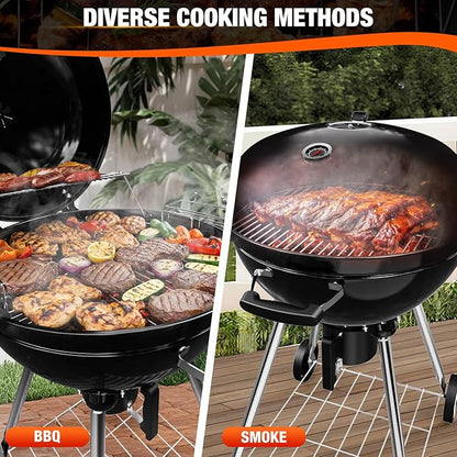 22 inch Premium Charcoal Grill, Kettle Barbecue and Smoker Grills 500+ Sq. In. Cooking Area for Outdoor BBQ, Tailgating and Patio, Black