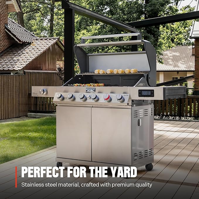 Monument Grills 6+1 Burner Smart Tech Propane Gas Grill, Denali 605Pro Stainless Steel Grill 78,000 BTU Outdoor Patio Barbecue Grill with Side Sear Burner, Knob Control, Cover and Rotisserie Kit