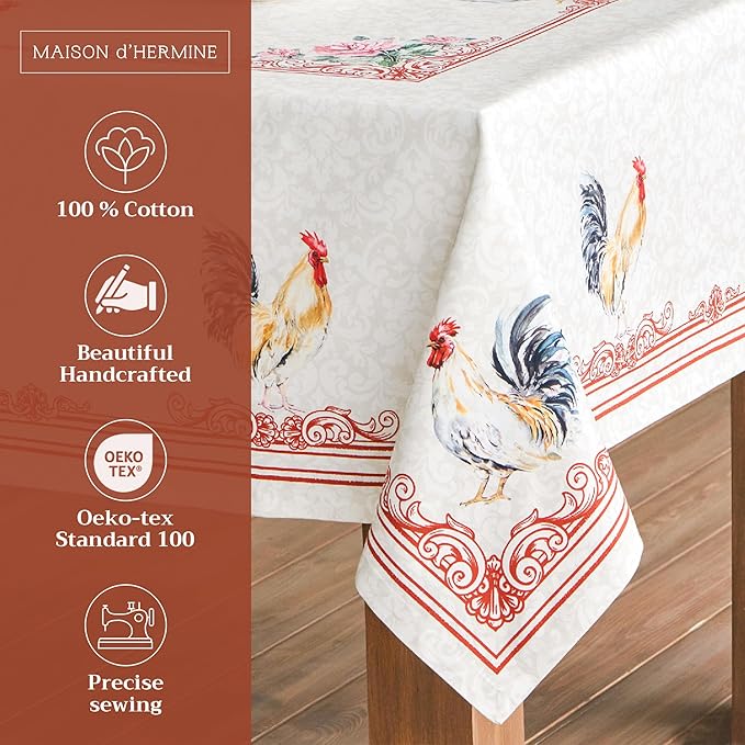 Maison d' Hermine Table Cloth Rectangle Table 100% Cotton 54 x 72 Inches Tablecloth Reusable Decorative Everyday Use for Dining Room, Farmhouse, Home, Party, Festive & Wedding Spring Summer - Campagne