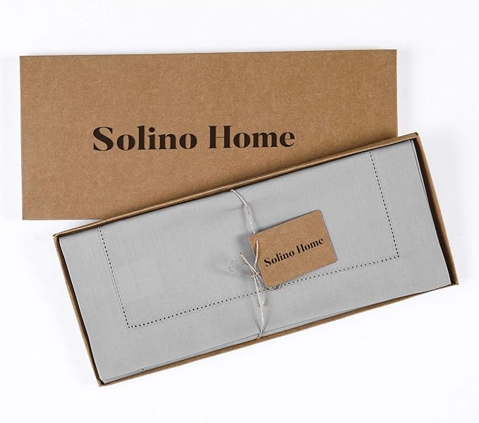 Solino Home Cotton Linen Light Grey Table Runner 72 Inches Long - Hemstitch Table Runner 14 x 72 Inch for Dresser, Dining, Spring, Easter