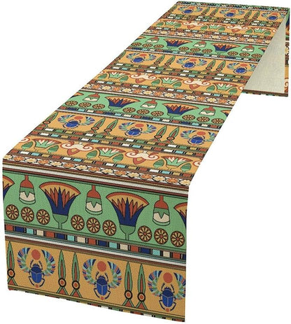 Egyptian Print Table Runner, Egyptian Ornament Scarab Flower Abstract Design Table Runner for Dining Kitchen Party Outdoor Holiday 13x90in