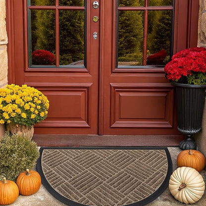 Smiry Half Circle Front Door Mat Outside Entrance, Heavy Duty Outdoor Indoor Natural Rubber Doormat, Non Slip, Trap Dirt and Moisture, Easy Clean, Low Profile Patio Porch Entryway Mat, 29.5x17, Brown