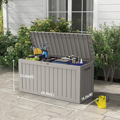 Mars Villa 72 Gallon Deck Box, Waterproof Weatherproof and UV Resistant Resin Storage Bin with Lockable Lid, Ideal for, Outdoor, Patio Furniture Cushions, Pool Supplies, Garden Tools, Greige