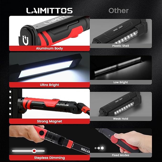 Rechargeable Work Light 2500mAh Magnetic LED Work Light Flashlight Mechanic Light Tool for Men Him, Foldable Lamp with Hook for Car Repair Emergency BBQ Grill (2 Pack)