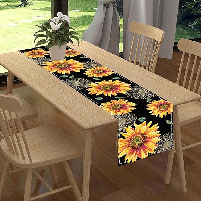 Black Yellow Floral Table Runner, Watercolor Sunflowers Vase Spring Sunshine Summer Farmhouse Rustic Table Center Decor for Home Kitchen Dining Patio Indoor Outdoor Table Decorations, 13"x72" Inch