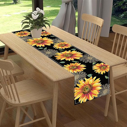 Black Yellow Floral Table Runner, Watercolor Sunflowers Vase Spring Sunshine Summer Farmhouse Rustic Table Center Decor for Home Kitchen Dining Patio Indoor Outdoor Table Decorations, 13"x36" Inch