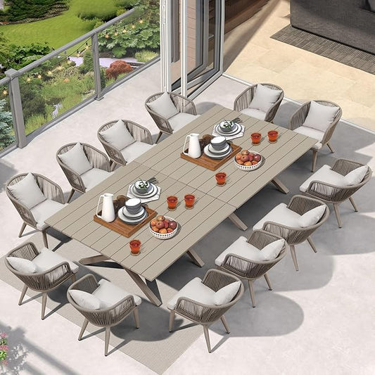 PURPLE LEAF 14 Pieces Patio Dining Set Wicker Outdoor Furniture Oversize Rectangular Table and Chairs Set for Garden Deck Aluminum Frame Backyard Kitchen Set, Cushions and Pillows Included Champagne