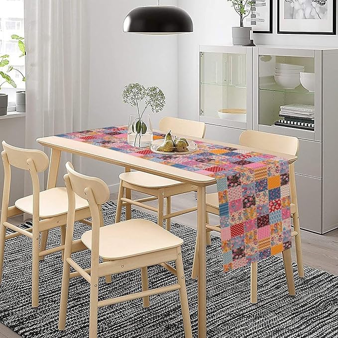 Patchwork Floral Table Runner, Patch Boho Flowers Country Wildflowers Rustic Splicing Design Pattern Table Runner for Farmhouse Kitchen Dining Home Party 13x108in