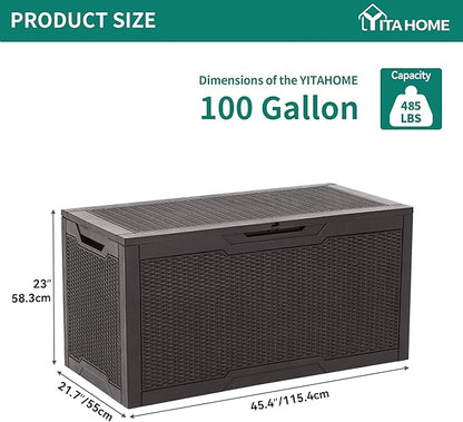 YITAHOME 100 Gallon Outdoor Storage Box, Large Water Resistant Resin Deck Box, Indoor Outdoor Lockable Storage Container for Patio, Garden, Cushions, Tools, Equipment (Dark Brown)