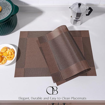 Placemats Set of 6 - Easy Clean Woven Vinyl Placemats for Dining Table, Indoor/Outdoor Place Mats, Washable PVC Table Mats（Brown Cube）