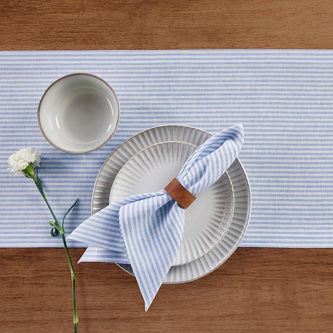 Solino Home Linen Table Runner 90 Inches Long - Narrow Stripe, 100% Pure Linen Cornflower Blue and White Farmhouse Table Runner 14 x 90 Inch for Dining, Winter, Spring, Easter