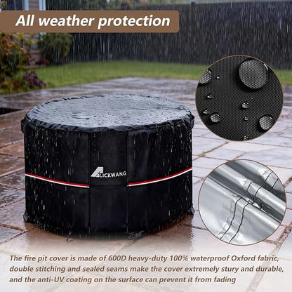 Fire Pit Cover Round 34 Inch Waterproof,Outdoor Heavy Duty Durable 600D Tear-Resistant Fire Pit Table Cover,Patio Round Firepit Cover 34" D x 15" H, Black