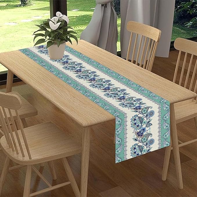 Paisley Table Runner, Vintage Teal Damask Floral Flower Boho Antique Damask Swirled Pattern Rustic Coffee Table Center Decor for Family Kitchen and Living Room Outdoor Table Decorations, 13"x90"