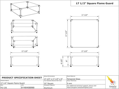 Celestial 17.5" x 17.5" x 6" Wind Guard, fits Celestial 12” Square Fire Pit Burner Pans for Gas Fire Pits