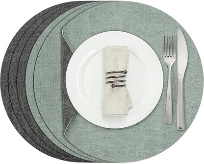 Myir JUN Round Placemats Dual Sided, Faux Leather Place Mats Set of 6 Indoor for Dining Table Outdoor Non-Slip Washable Table Mats (Set of 6, Gray Sage Green)