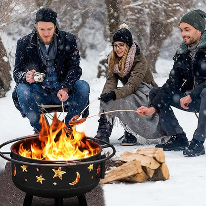 PHI VILLA 30" Outdoor Wood Burning Firepit with Cooking Grate, Patio Deep Bowl Steel Fire Pits for Outside with Adjustable Swivel BBQ Grill Pan, Star & Moon Cutouts Pattern, Poker & Spark Screen