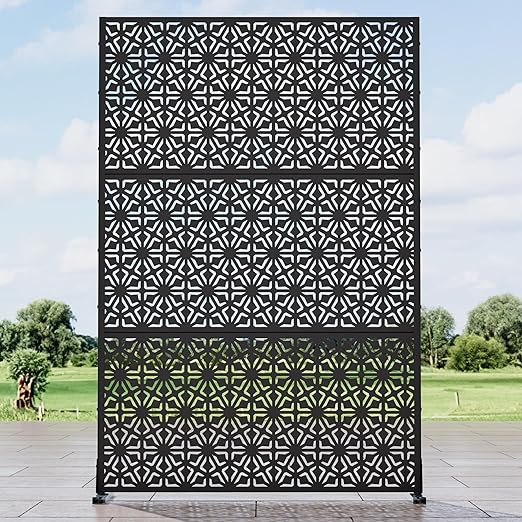 Casaphoria 72" H x 47" W Metal Outdoor Privacy Screen, Freestanding Decorative Divider for Patio, Deck, Balcony, and Garden with Stable Base, Black Gene