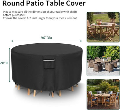 Round Patio Furniture Covers, 500D Heavy Duty Waterproof UV Resistant Cover for Round Outdoor Dining Table & Chairs,96" Dia x 28" H -Black