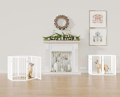 Vantas Folding No-Assembly Metal Pet Gate 120" Wide, 24" Extra Tall Dog Gate with Door Walk Through, Freestanding Accordion Puppy Gate Dog Door for Indoor & Outdoor, with 2PCS Support - White