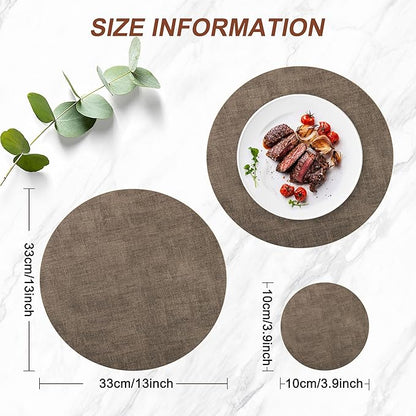 Round Faux Leather Placemats and Coasters, Set of 8, Reversible Heat Resistant Non-Slip Table Mats, Waterproof Wipeable Place Mats for Dining Table, Washable for Indoor & Outdoor (8, Dark Brown)