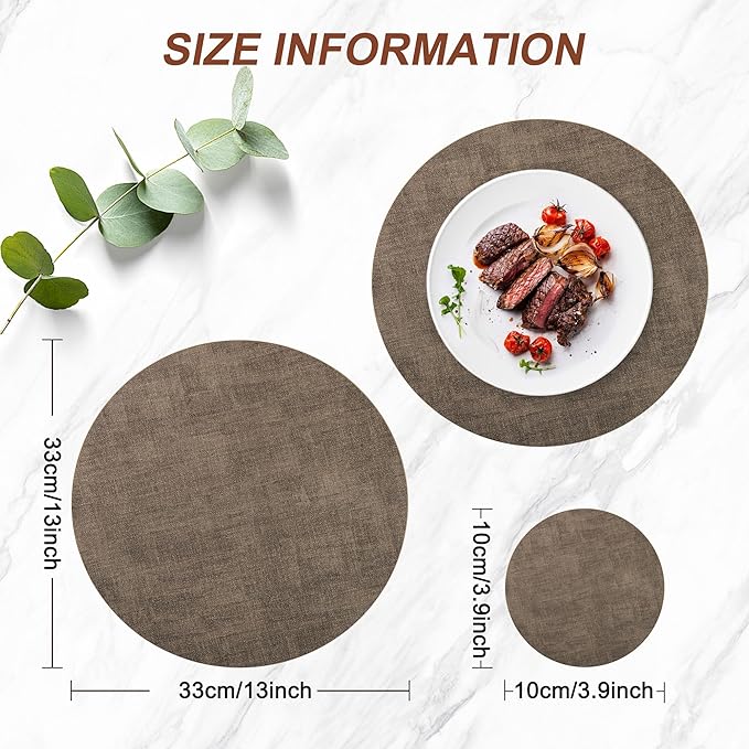 Round Faux Leather Placemats and Coasters, Set of 6, Reversible Heat Resistant Non-Slip Table Mats, Waterproof Wipeable Place Mats for Dining Table, Washable for Indoor & Outdoor (6, Dark Brown)