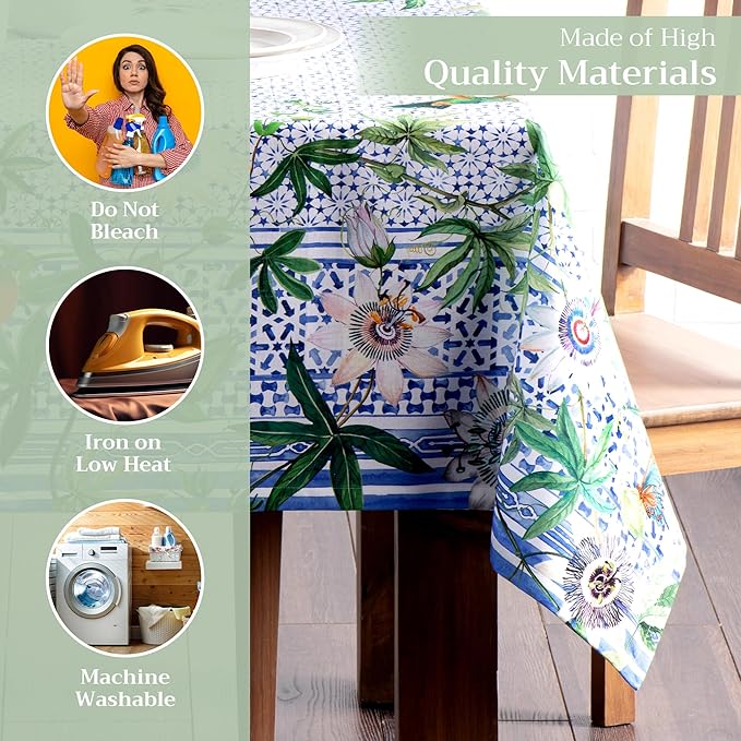 Maison d' Hermine Table Cloth Rectangle Table 100% Cotton 70 x 120 Inches Tablecloth Reusable Decorative for Dining Room, Farmhouse, Home, Party, Festive & Wedding Spring Summer - Passiflora