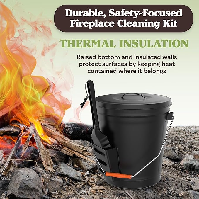 Home-Complete 4.75 Gallon Black Ash Bucket with Lid and Shovel-Essential Tools for Fireplaces, Fire Pits, Wood Burning Stoves-Hearth Accessories