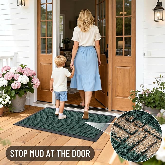 OLANLY Front Door Mat Outside Entrance 33x21, Absorbent, Heavy Duty Sturdy Natural Rubber Doormat Indoor Outdoor, Non-Slip, Stain and Fade Resistant, Low Profile Floor Mat for Entryway, Black Green