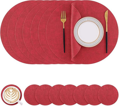 Homaxy Round Faux Leather Placemats and Coasters, Washable Dual-Side Table Mats, Wipeable Heat-Resistant Dining Place Mats for Outdoor and Indoor, Set of 8, Diameter 13 and 3.93 inch, Red