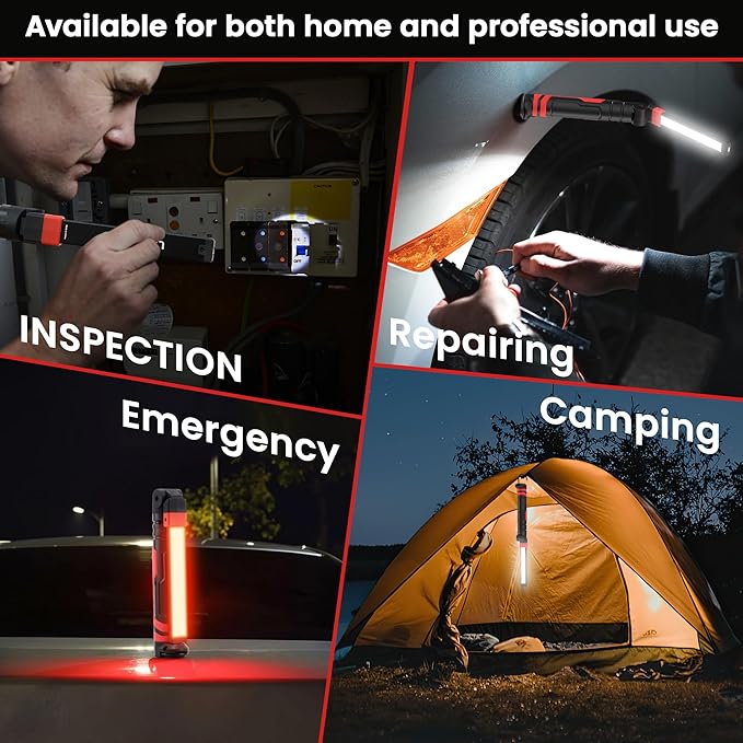 Rechargeable Work Light 2500mAh Magnetic LED Work Light Flashlight Mechanic Light Tool for Men Him, Foldable Lamp with Hook for Car Repair Emergency BBQ Grill