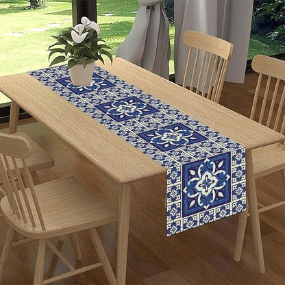 Mexican Table Runner, Blue Floral Birds Mexico Talavera Tiles Ceramic Dia De Los Muertos Coffee Table Center Decor for Family Kitchen and Dining Farmhouse Indoor Outdoor Table Decorations, 13"x36"