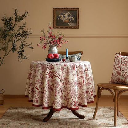 ISAENNE Designer French Linen Round Tablecloth,Red Floral Washable Indoor Table Cloth,Durable Home Decor Tablecloths for Dining Thanksgiving Kitchen Party Christmas,Diameter 67"-Ruyi A