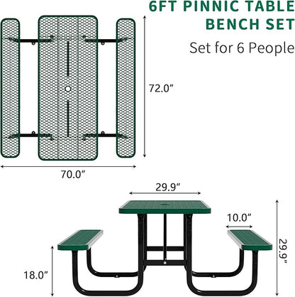 6FT Rectangular Metal Picnic Table for Outdoors, Commercial Steel Metal Picnic Tables, Heavy Duty Sturdy Picnic Tables Furniture Set for Patio Garden Courtyard BBQ, with Umbrella Hole, Green